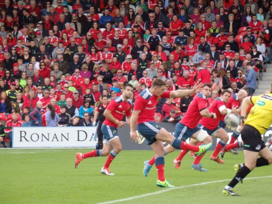 Ian Keatley gets the game underway on the occasion of his 100th cap for Munster
